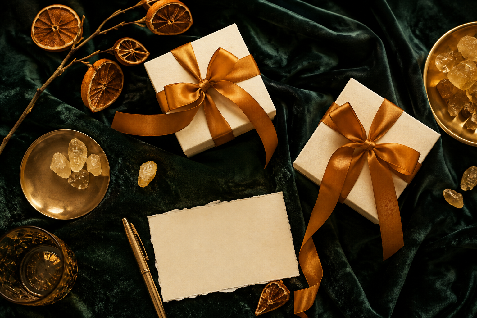 Amber-ribbon gift boxes and citrine stones on green velvet