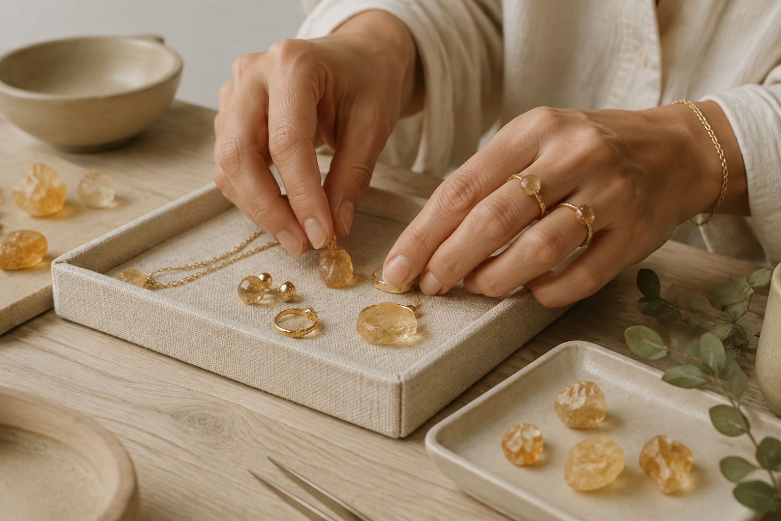 Hands arranging gold jewelry and amber stones in a linen tray