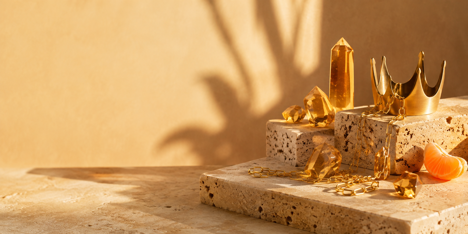 Citrine crystals and gold jewelry on warm stone